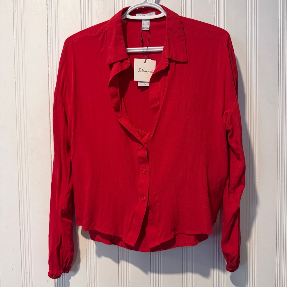 Revamped Vibrant Red Women's Button-Down Shirt with Faux Lace Cami NWT